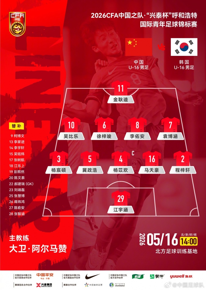 U16国足争冠战首发：吴比乐袁博涵领衔 中韩青年军呼和浩特决战