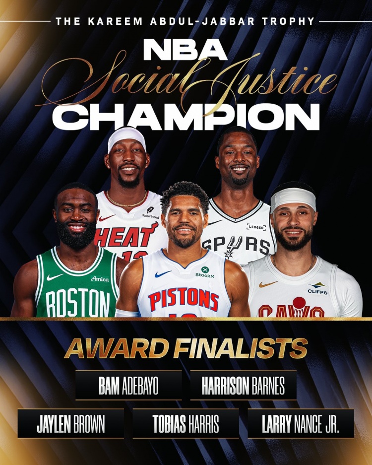 NBA社会正义冠军奖候选出炉:布朗、阿德巴约等5人入围